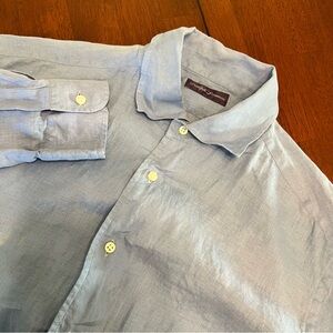 Ralph Lauren Purple Label Shirt Mens XL Blue 100% Linen Made in Italy Button Up